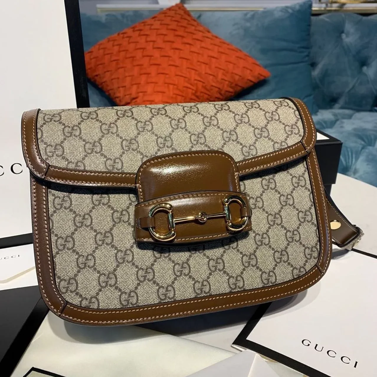 Gucci Horsebit 1955 Shoulder Bag Beige/Ebony GG Supreme Canvas With Brown / Gucci Horsebit 1955 Shoulder Bag Beige/Ebony GG Supreme Canvas With Brown /