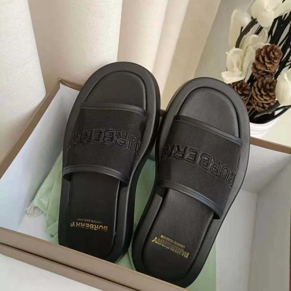 Burberry Embroidered Logo Mesh and Leather Slides for Women Burberry Embroidered Logo Mesh and Leather Slides for Women
