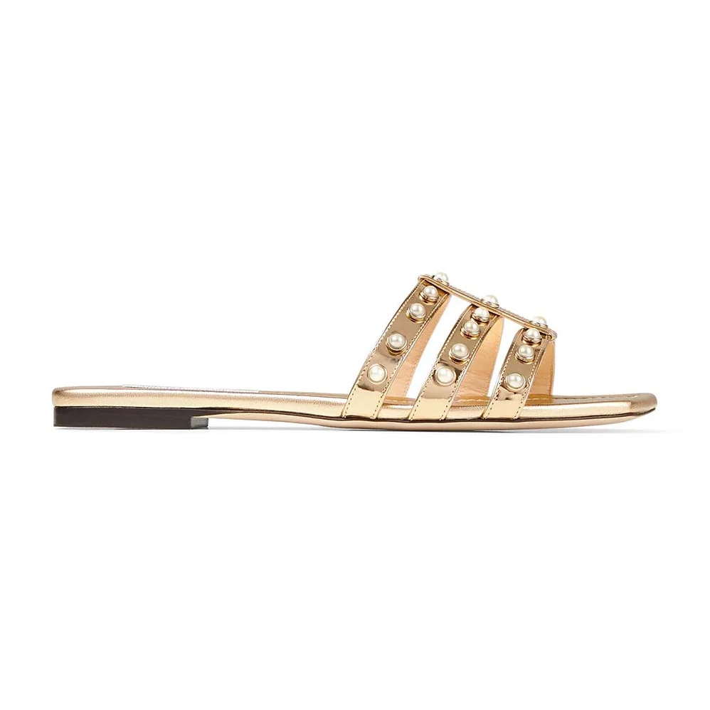 Jimmy Choo Hazal Flat Gold Liquid Metal Leather Flats with Pearl Studs for Women Jimmy Choo Hazal Flat Gold Liquid Metal Leather Flats with Pearl Studs for Women