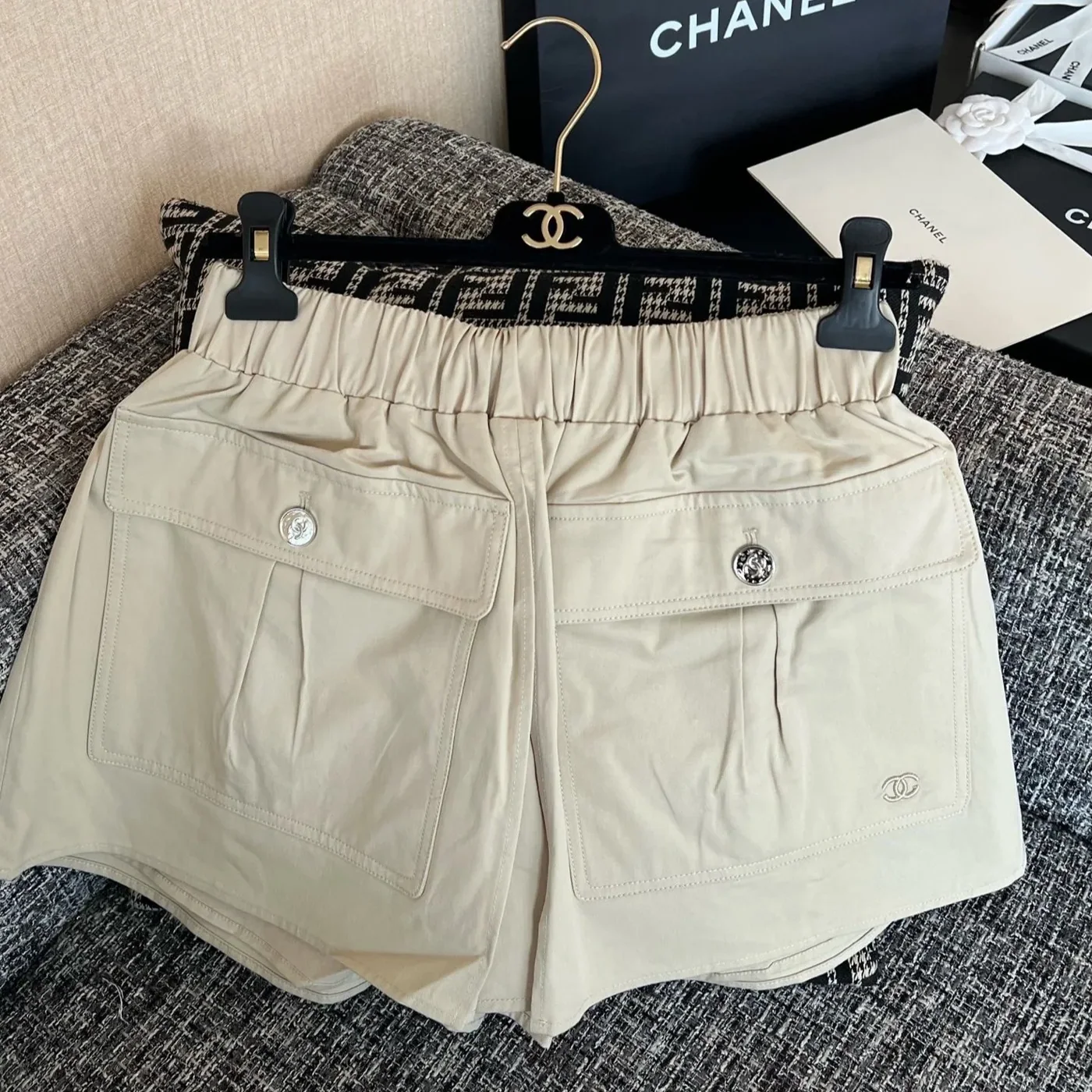 Chanel Cotton Twill Utility Cargo Shorts Sand