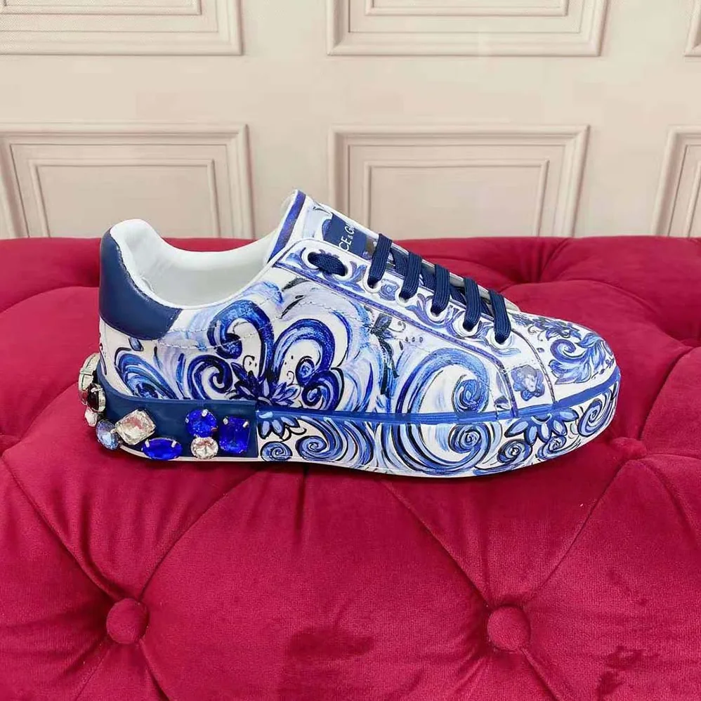 Dolce Gabbana D&G Majolica for Unisex in Print Calfskin Portofino Sneakers