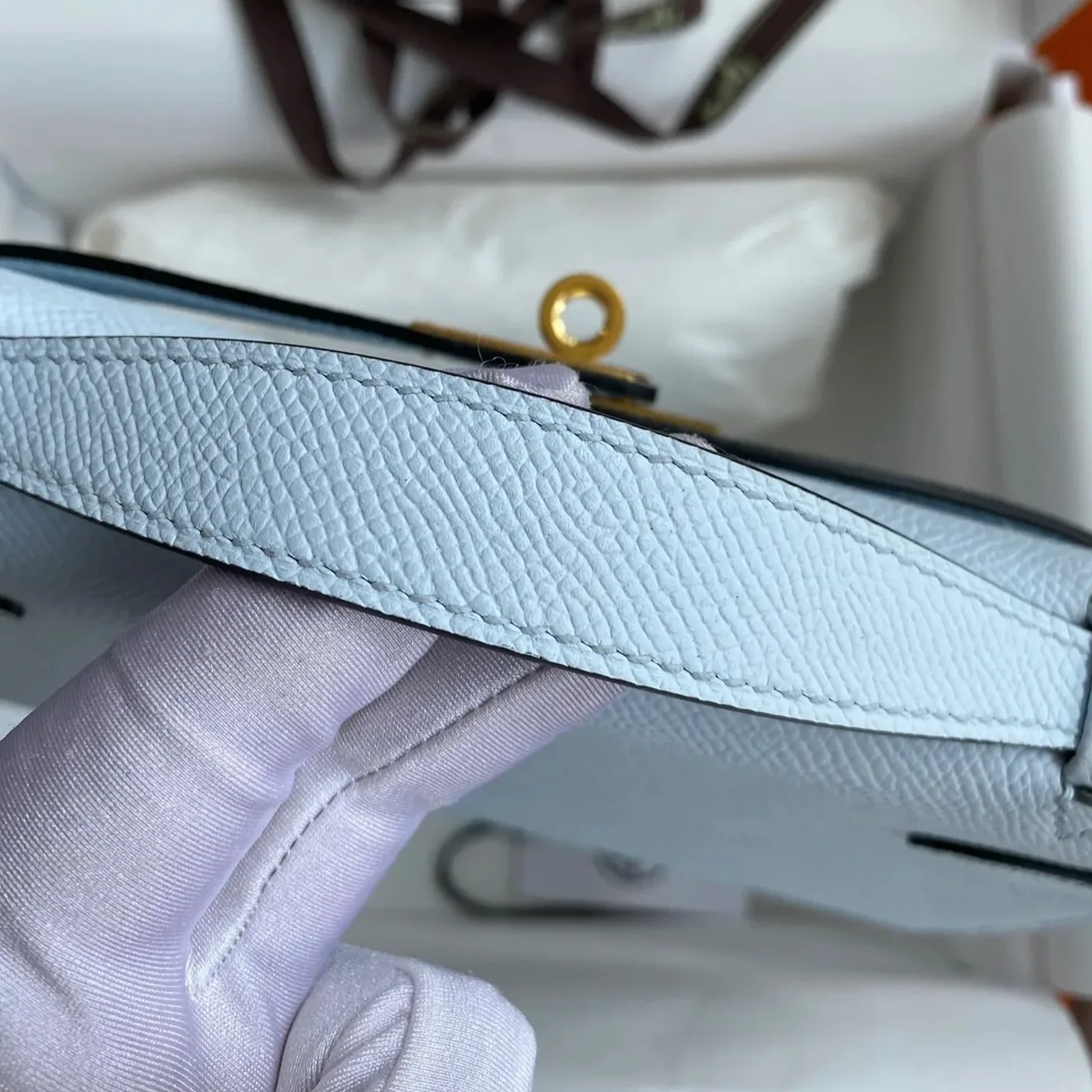 Hermes Kelly Pochette Top Handle Bag / Sky Blue Epsom Gold Hardware