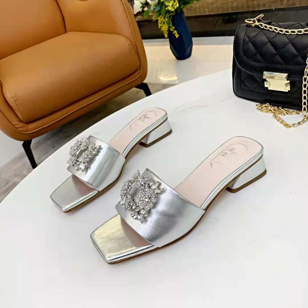 Roger Vivier RV Bouquet Strass Buckle Mules in Soft Leather for Women Roger Vivier RV Bouquet Strass Buckle Mules in Soft Leather for Women