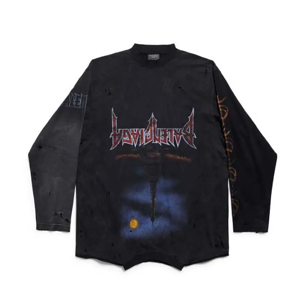 Balenciaga Paris Moon Upside Down Long Sleeve T-Shirt Oversized in Black Faded for Men Balenciaga Paris Moon Upside Down Long Sleeve T-Shirt Oversized in Black Faded for Men