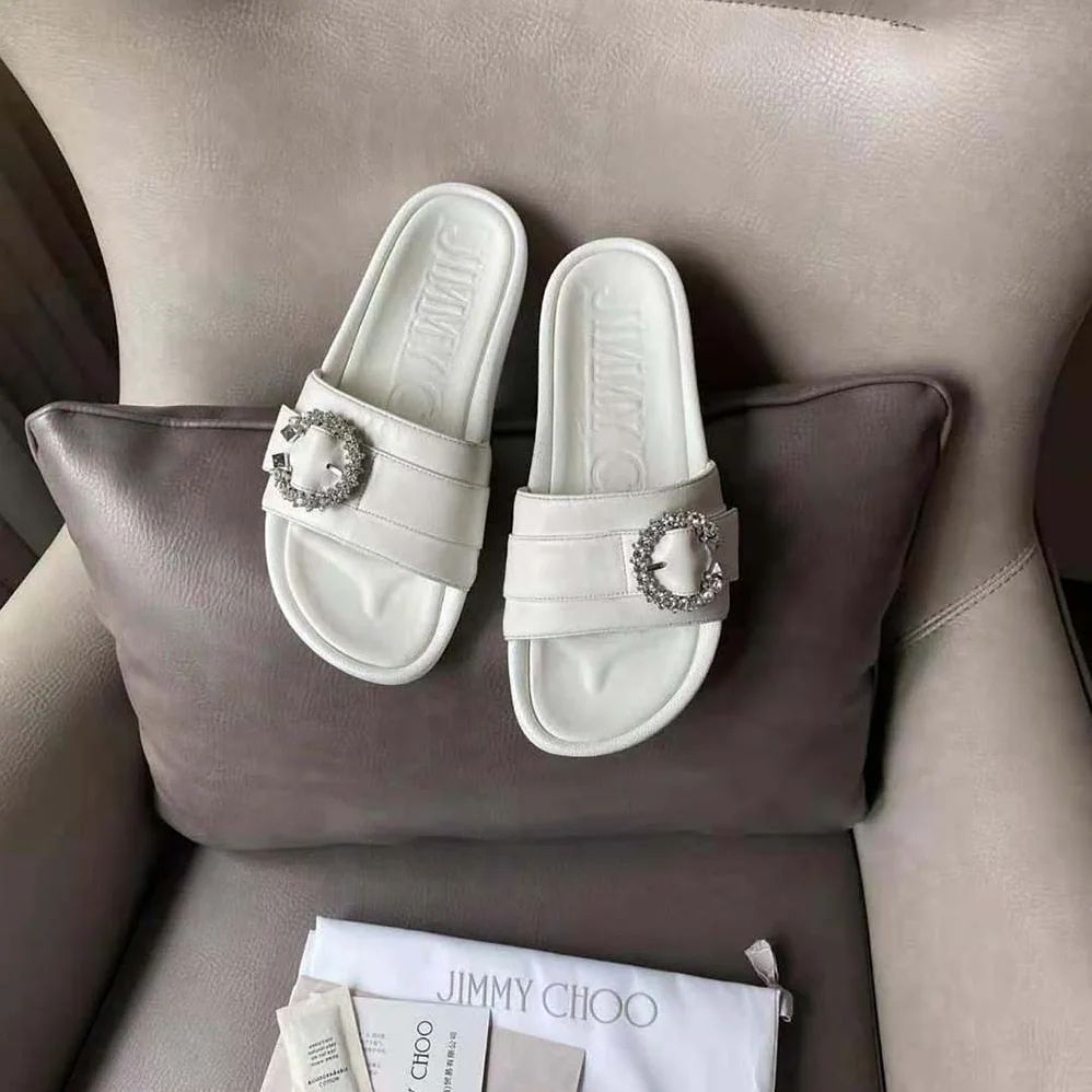 Jimmy Choo Fallon White Nappa Leather Slides with Crystal Buckle for Women Jimmy Choo Fallon White Nappa Leather Slides with Crystal Buckle for Women
