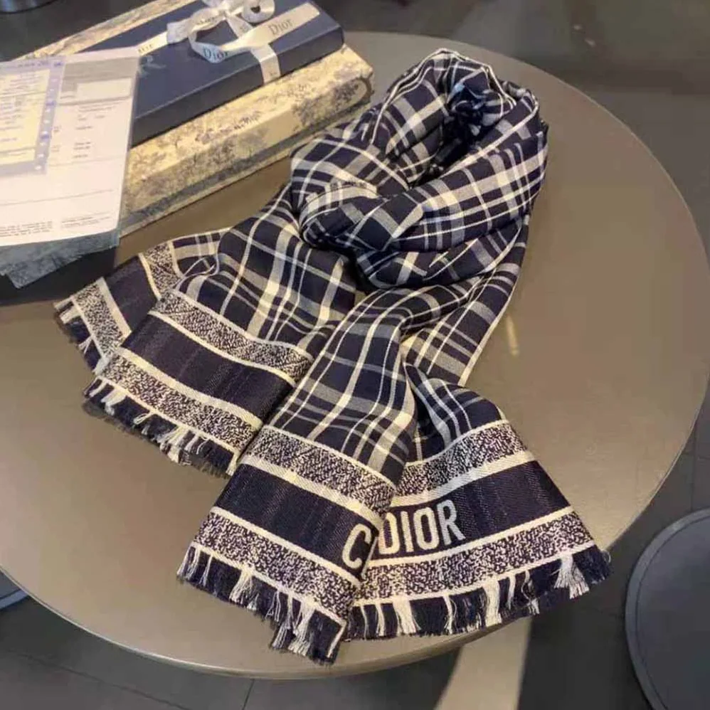 Dior Reversible Dior Oblique Blanket Navy Blue Cashmere, Virgin Wool and Silk for Women
