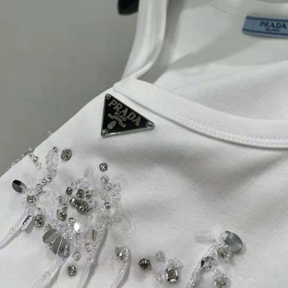 Prada Embroidered Ribbed Knit Jersey Top for Women in White Prada Embroidered Ribbed Knit Jersey Top for Women in White