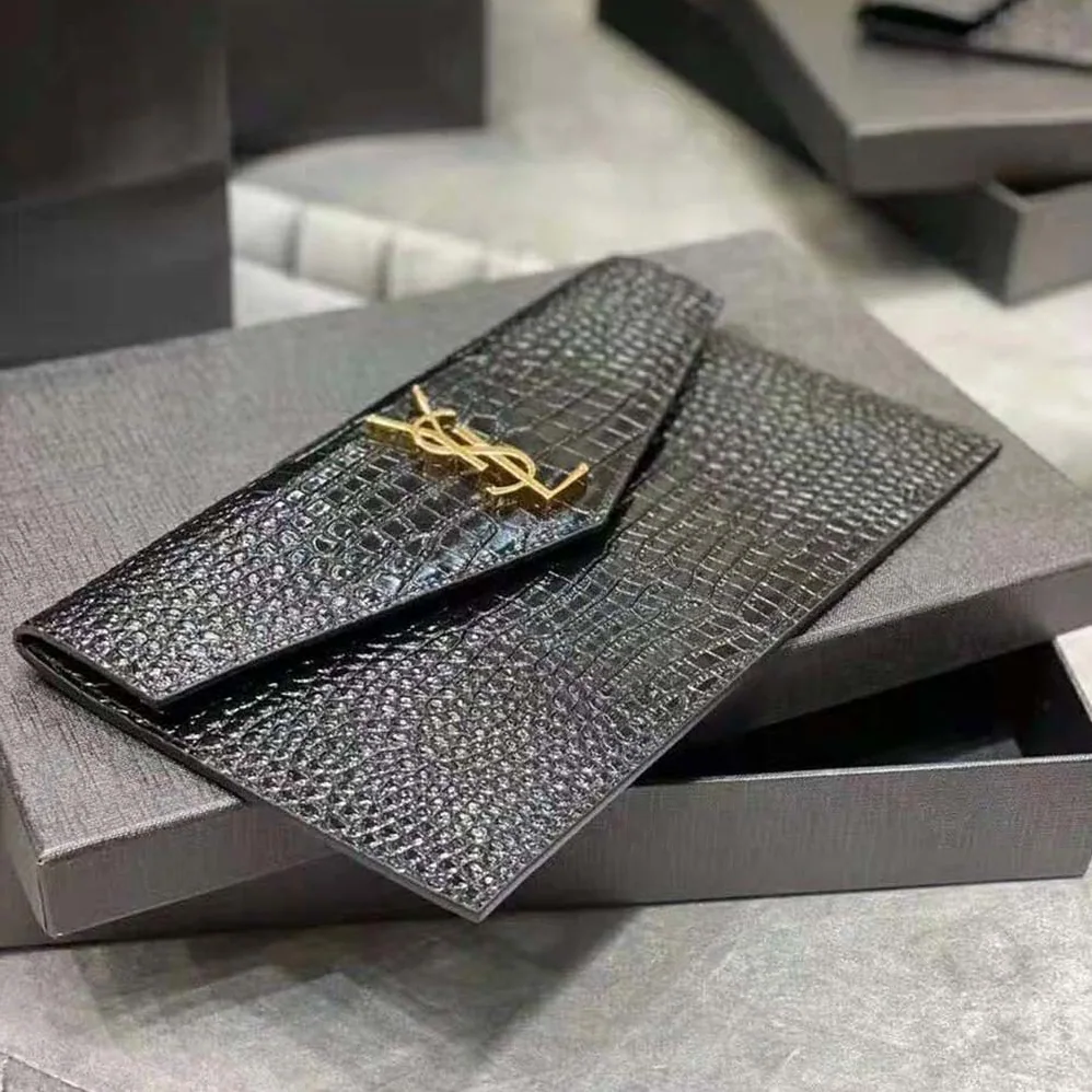 Saint Laurent YSL Uptown Pouch in Crocodile Embossed Shiny Leather for Women in Black