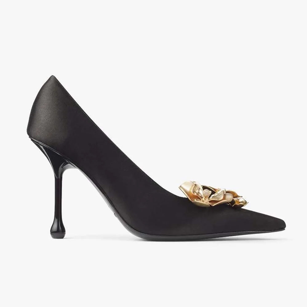 Jimmy Choo Ixia 95 Black Satin Pumps with Flowers-IXIA95BGU for Women