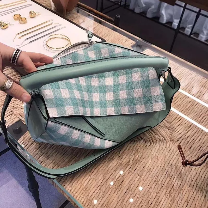 Loewe Puzzle Gingham Bag in Calfskin for Women in Lime Loewe Puzzle Gingham Bag in Calfskin for Women in Lime