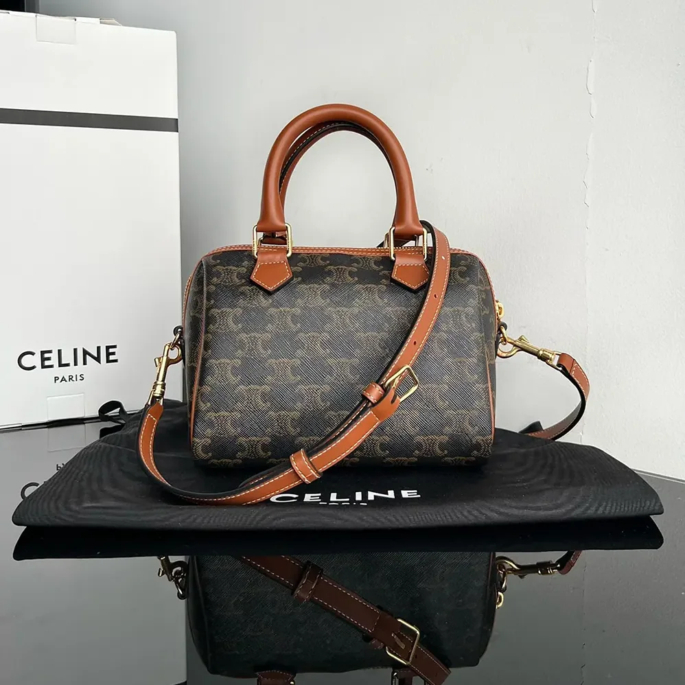 Celine Small Boston in Triomphe Canvas and Calfskin for Women in Tan