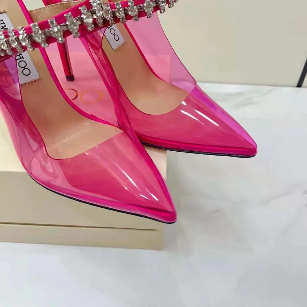 Jimmy Choo Bing 100 Hot Pink Neon Plexi Mules with Pink Crystal Strap for Women Jimmy Choo Bing 100 Hot Pink Neon Plexi Mules with Pink Crystal Strap for Women