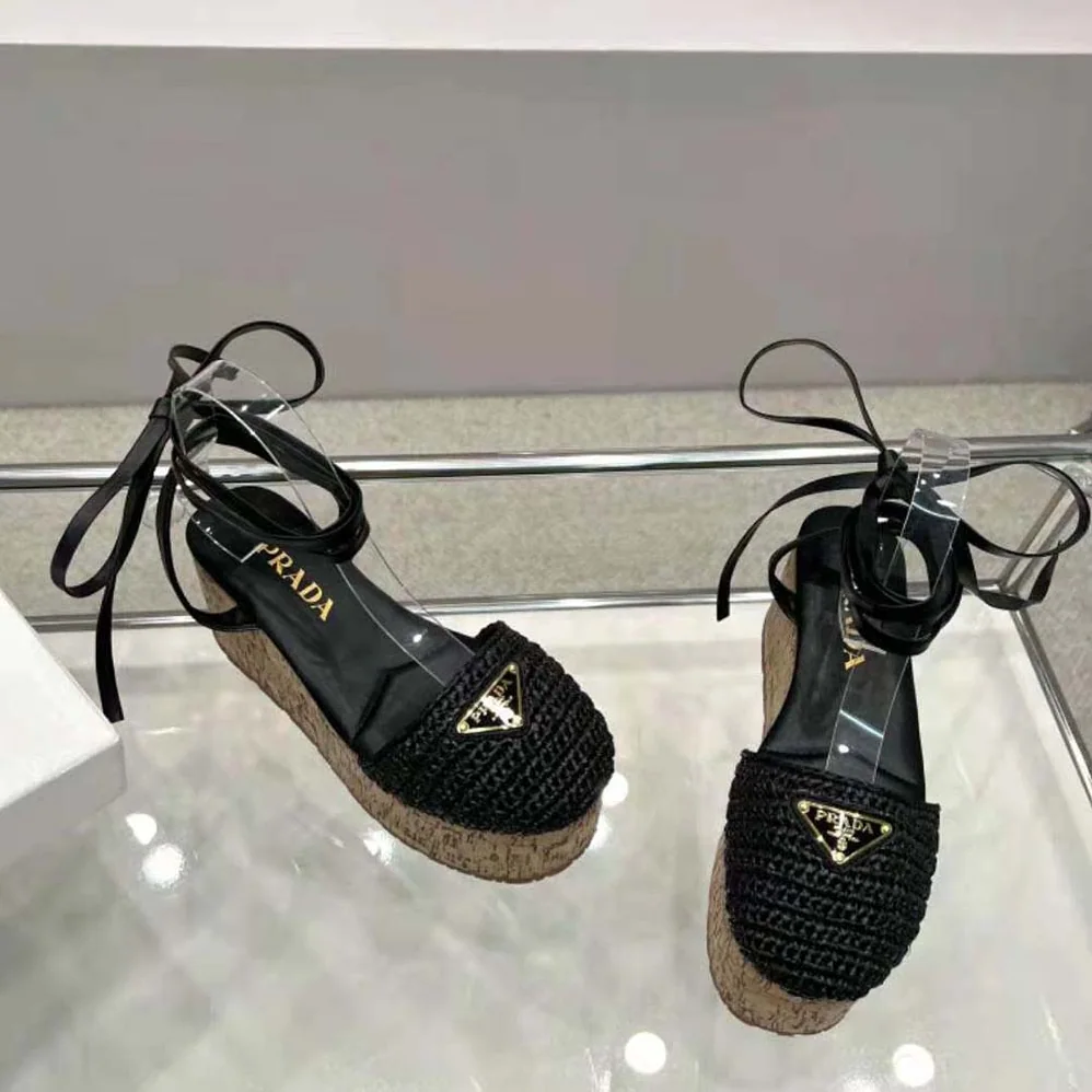 Prada Crochet Wedge Sandals with Enameled Metal Triangle Logo for Women in Black