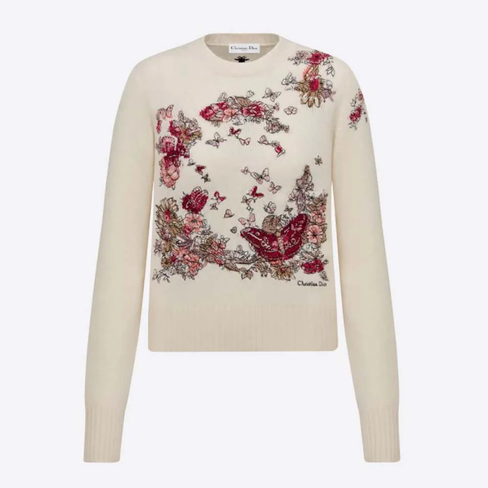 Dior Sweater White Cashmere with Multicolor Butterfly Motif for Women