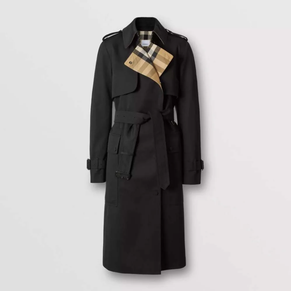 Burberry Check Panel Cotton Gabardine Trench Coat for Women in Black Burberry Check Panel Cotton Gabardine Trench Coat for Women in Black