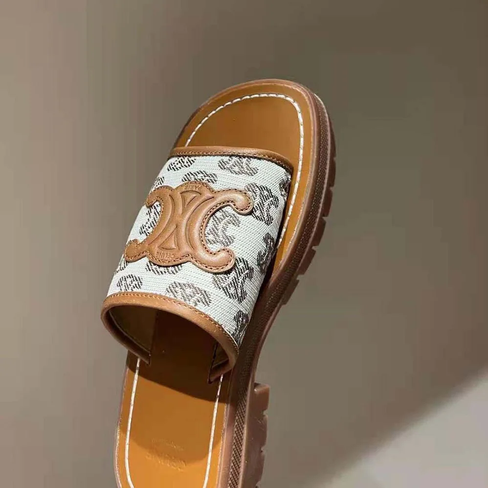 Celine Clea Triomphe Slide in Triomphe Stamped Canvas & Calfskin for Women