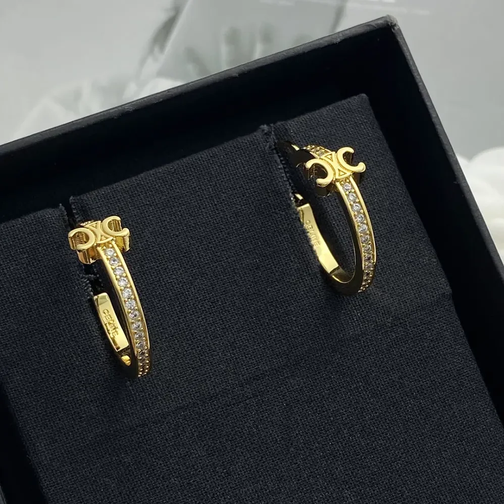 Celine Triomphe Sparkle Hoops in Strass and Brass with Gold Finish for Women