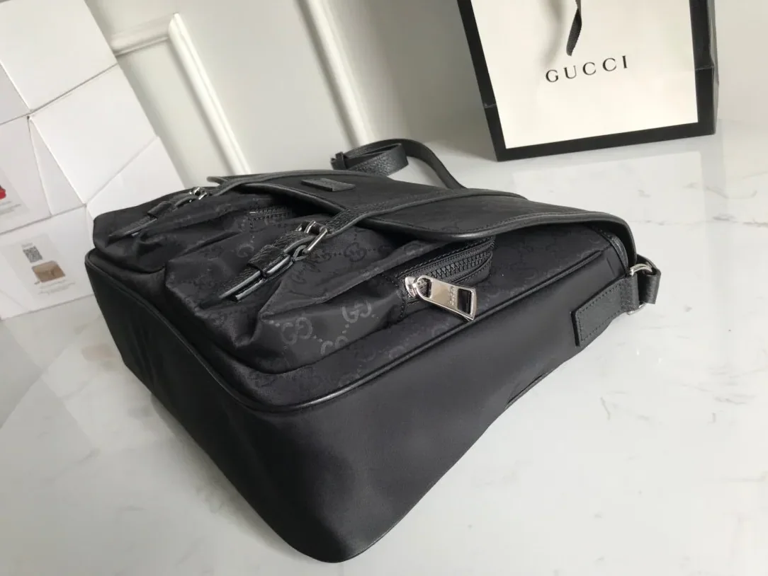 Gucci Shoulder Bag Nylon Shima Black GG Embossed /
