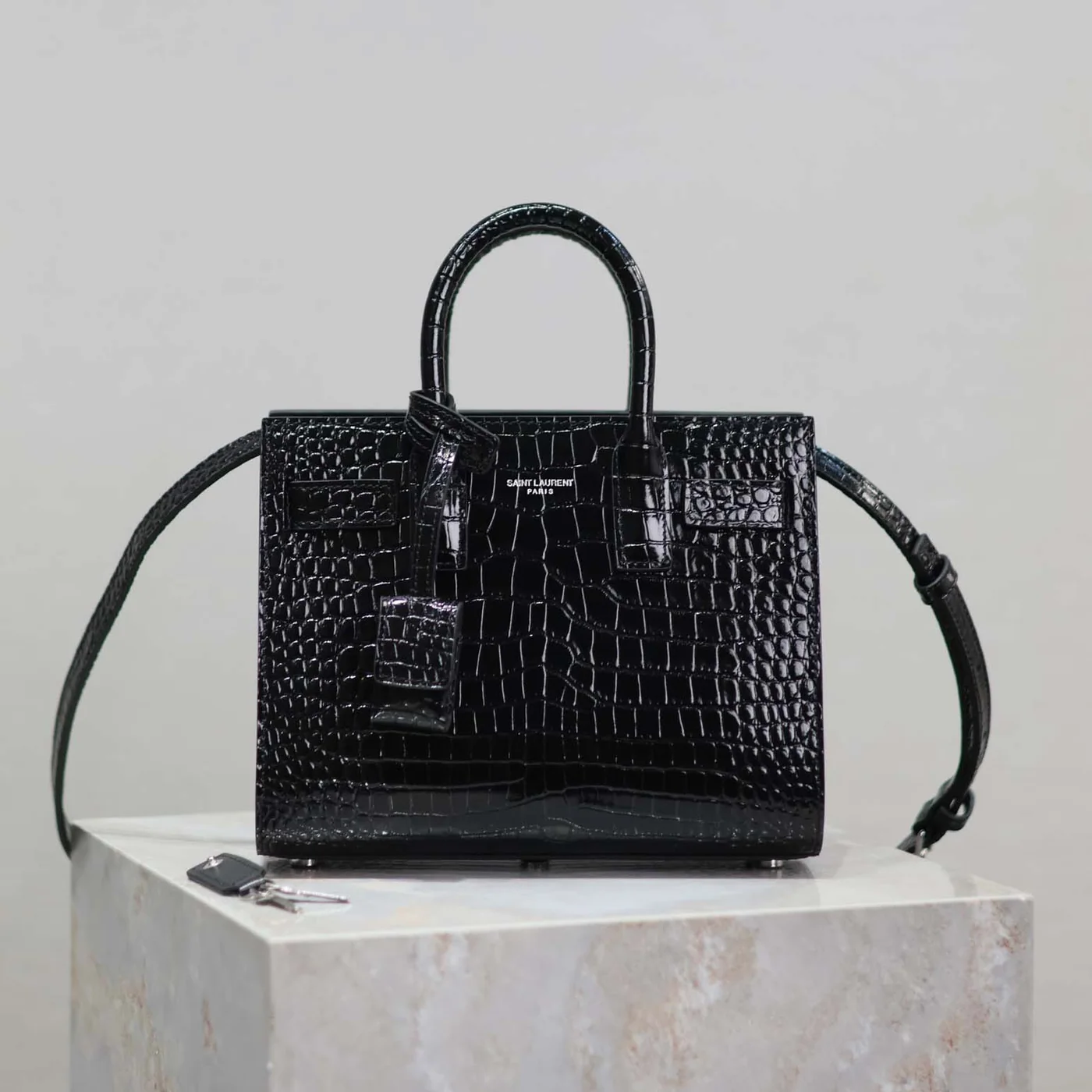 Saint Laurent YSL Sac De Jour in Crocodile Embossed Leather Nano for Women in Black
