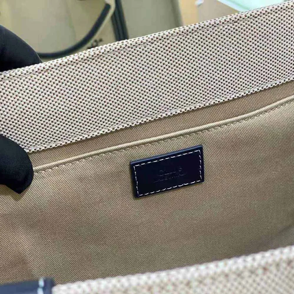 Chloe Large Woody Tote Bag in Cotton Canvas and Shiny Calfskin with Woody Ribbo for Women Chloe Large Woody Tote Bag in Cotton Canvas and Shiny Calfskin with Woody Ribbo for Women