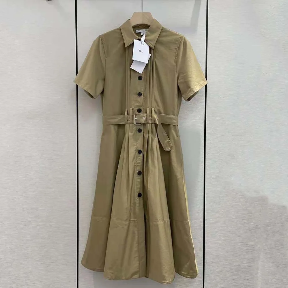 Dior Mid-Length Belted Pleated Dress Beige Technical Cotton Gabardine for Women