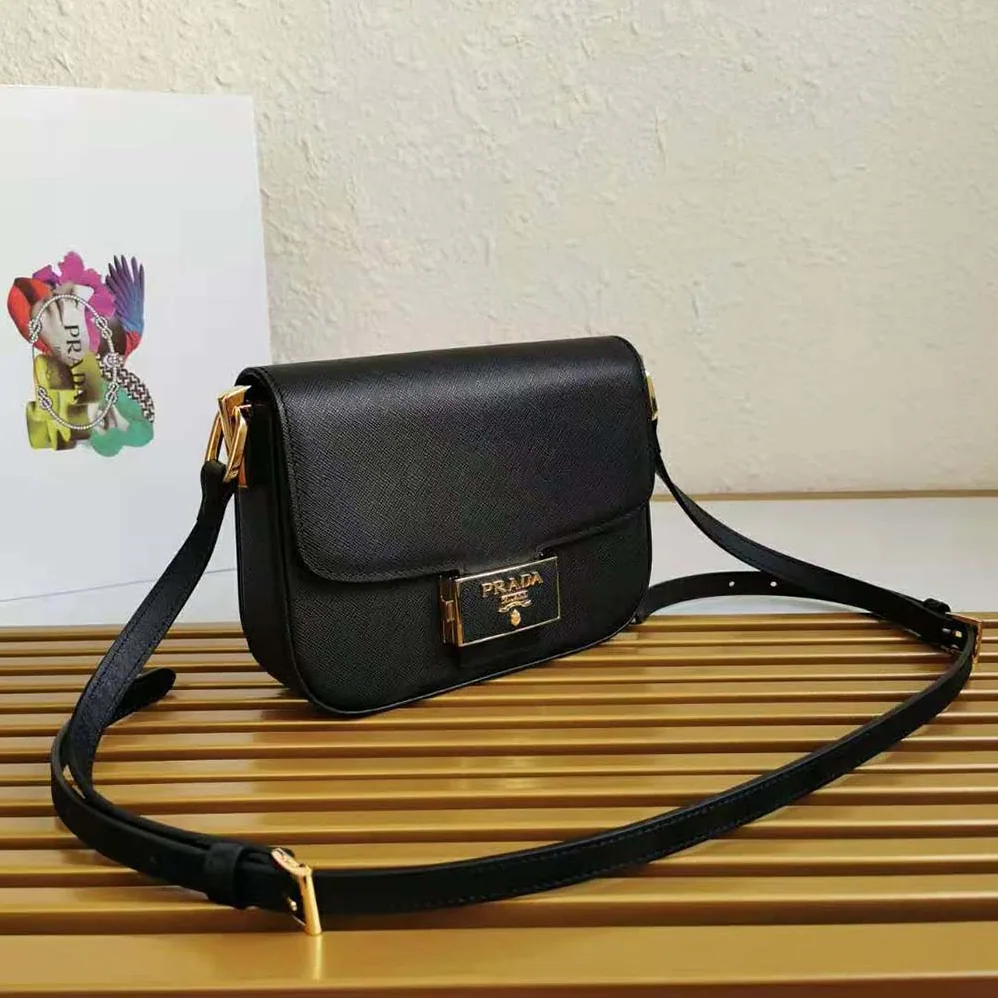 Prada Saffiano Leather Prada Embleme Bag for Women in Black Prada Saffiano Leather Prada Embleme Bag for Women in Black