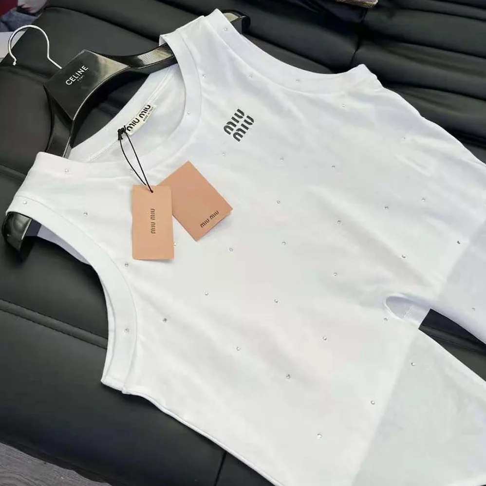 Miu Miu Cotton Top with Crystals with Embroidered Logo for Women in White Miu Miu Cotton Top with Crystals with Embroidered Logo for Women in White