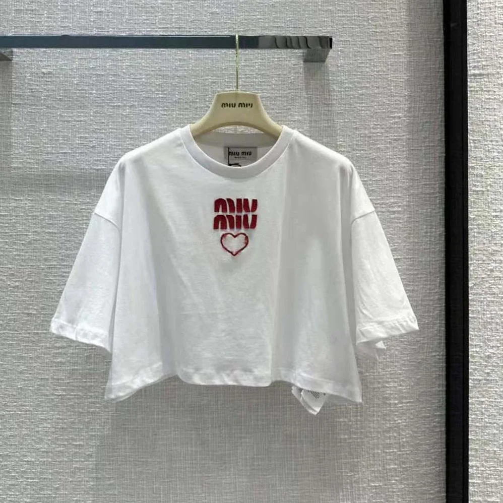 Miu Miu Embroidered Cotton Jersey T-shirt with Contrasting Logo for Women in White