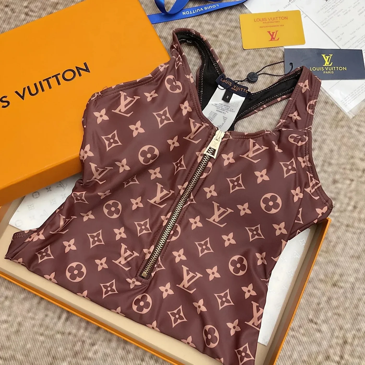 Louis Vuitton Front-Zip Racerback One in Piece Swimsuit Brown Monogram Louis Vuitton Front-Zip Racerback One in Piece Swimsuit Brown Monogram