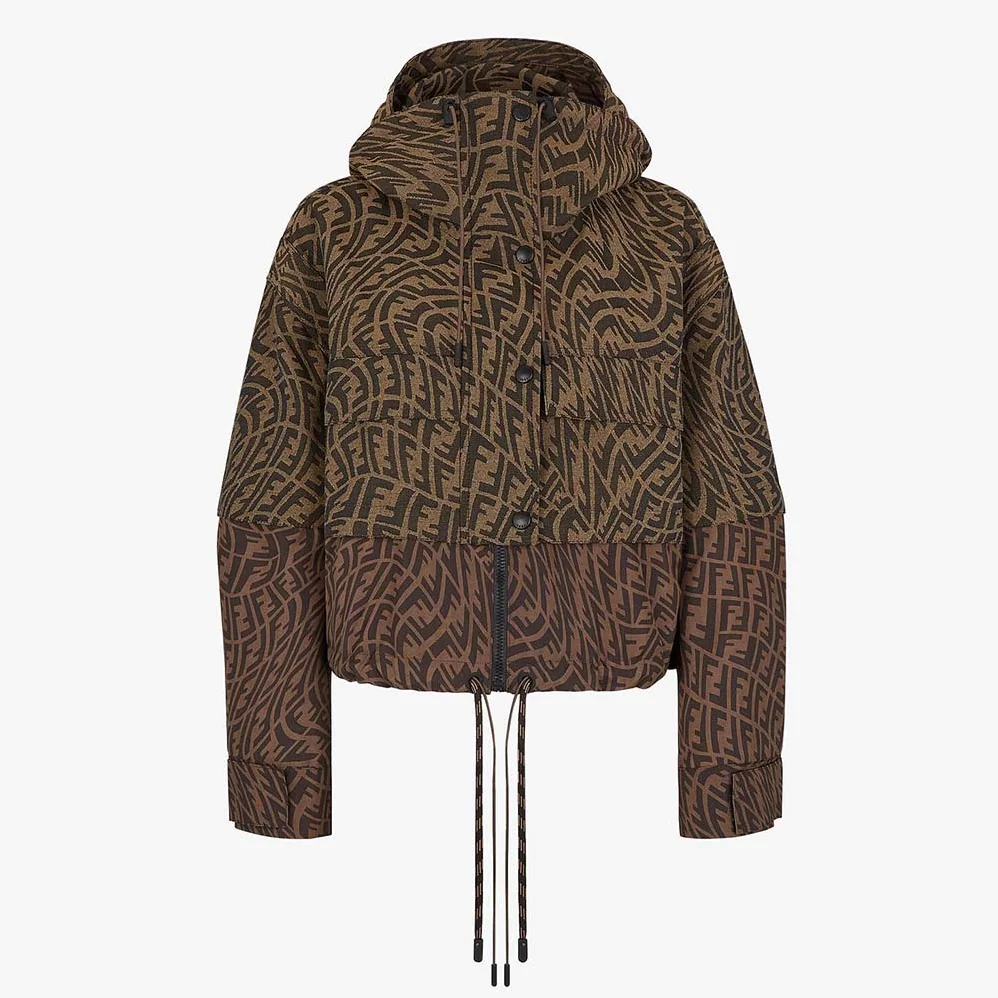Fendi Brown Canvas Jacket with Drawstring Hood and Front Patch Pockets for Women Fendi Brown Canvas Jacket with Drawstring Hood and Front Patch Pockets for Women