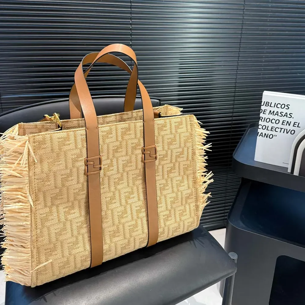 Fendi Summer Tote Jacquard Fabric Bag with Raffia FF for Women
