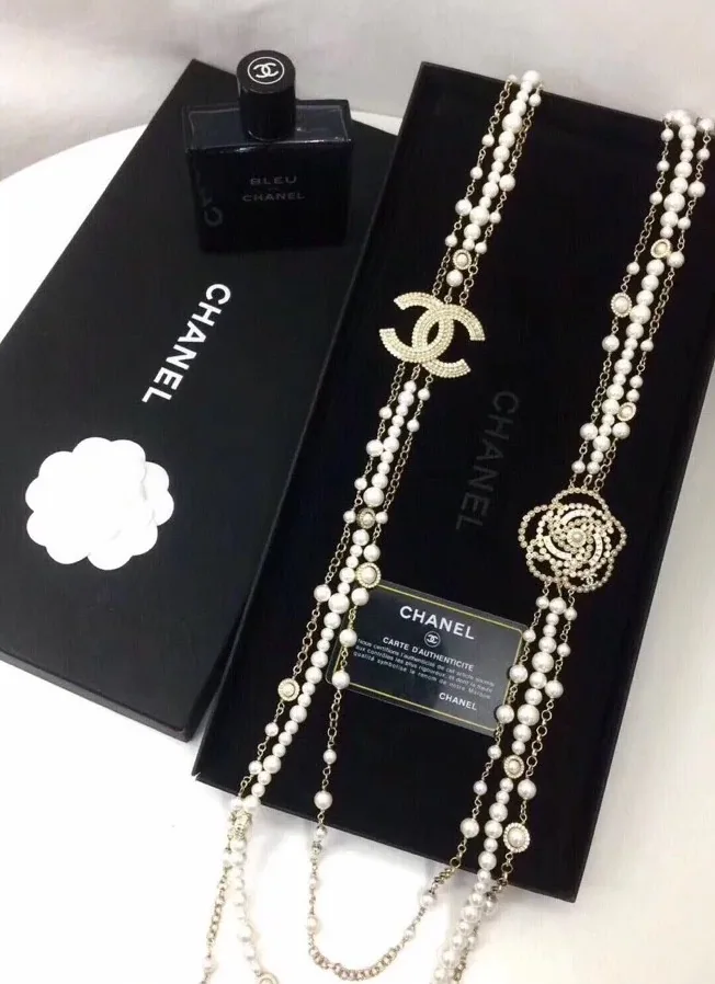 Chanel Multilayered Pearl And Camellia Long Necklace Gold Hardware