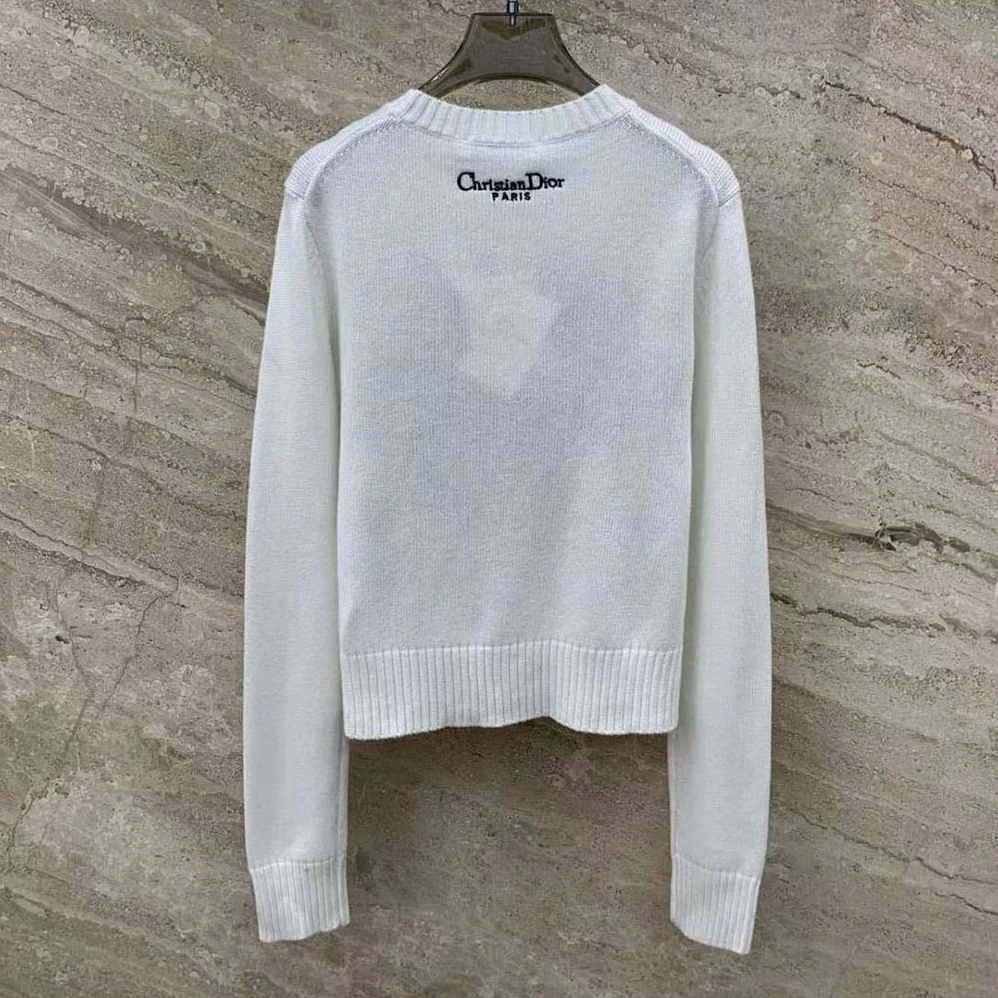 Dior Embroidered Sweater White Cashmere Knit with Multicolor Tarot La Roue de la Fortune Motif for Women