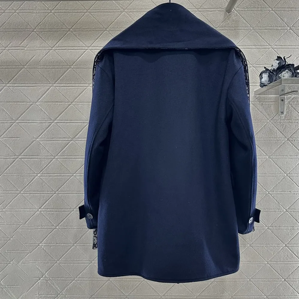 Dior Coat with Scarf Collar Navy Blue Double-Sided Virgin Wool and Silk for Women