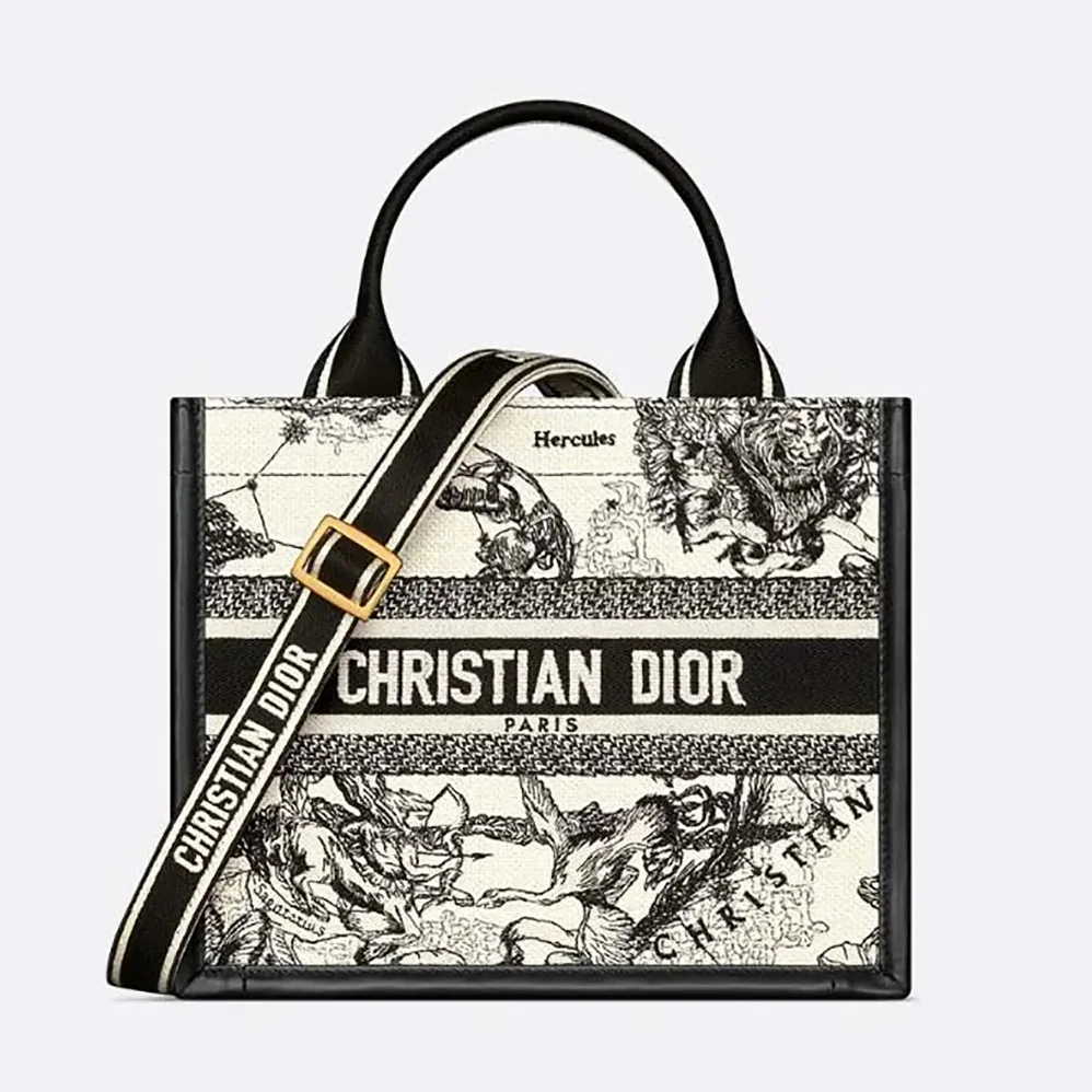 Dior Small Dior Book Tote Latte and Black Dior Zodiac Embroidery with Black Calfskin for Women Dior Small Dior Book Tote Latte and Black Dior Zodiac Embroidery with Black Calfskin for Women