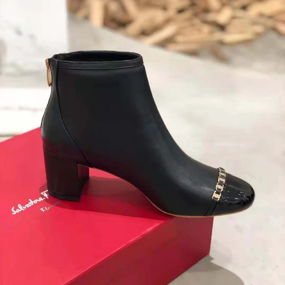 Salvatore Ferragamo Vara Chain Bootie in 70mm Heel for Women in Black