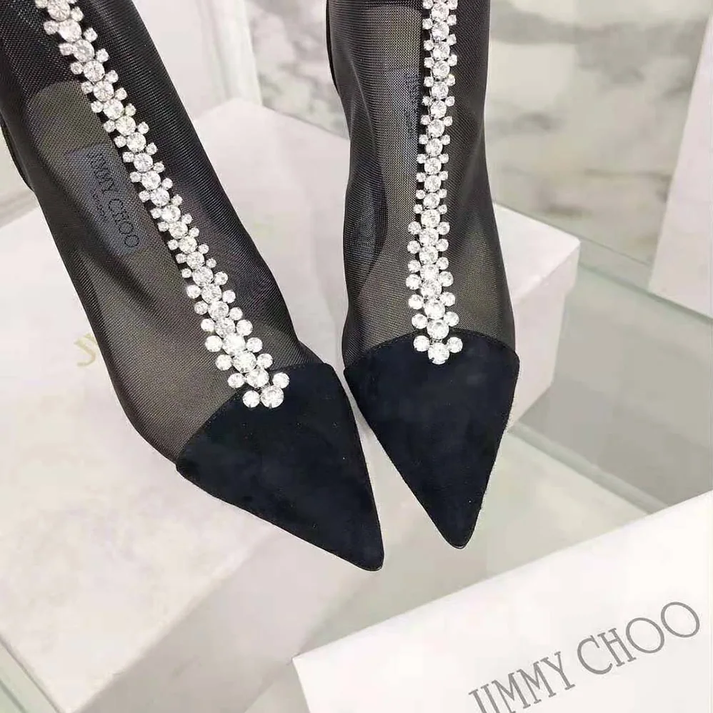 Jimmy Choo Bing Boot 100 Black Suede and Mesh Ankle Boots with Crystal Embellishment for Women