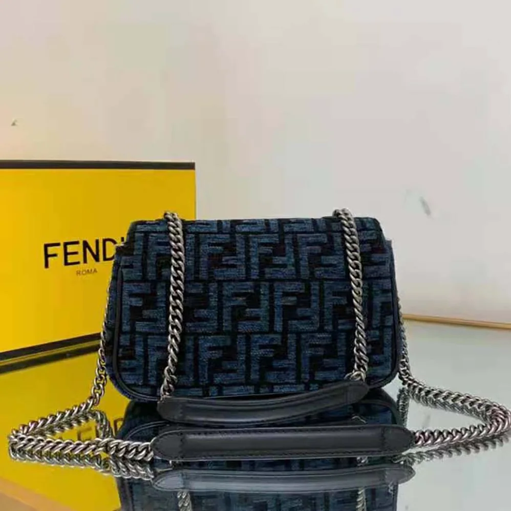 Fendi Baguette Chain Midi Dark Blue FF Tapestry Fabric Bag for Women Fendi Baguette Chain Midi Dark Blue FF Tapestry Fabric Bag for Women
