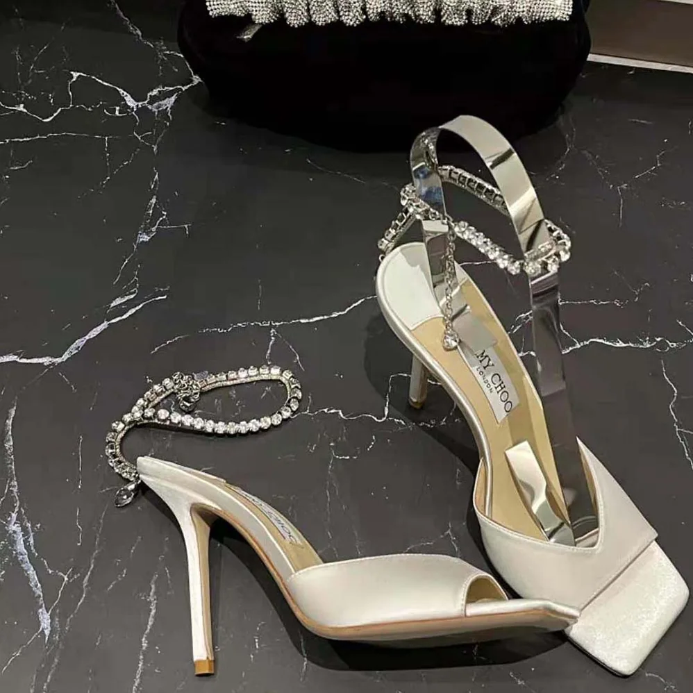 Jimmy Choo Saeda Sandal 100 Ivory Satin Sandals with Crystal Embellishment for Women Jimmy Choo Saeda Sandal 100 Ivory Satin Sandals with Crystal Embellishment for Women