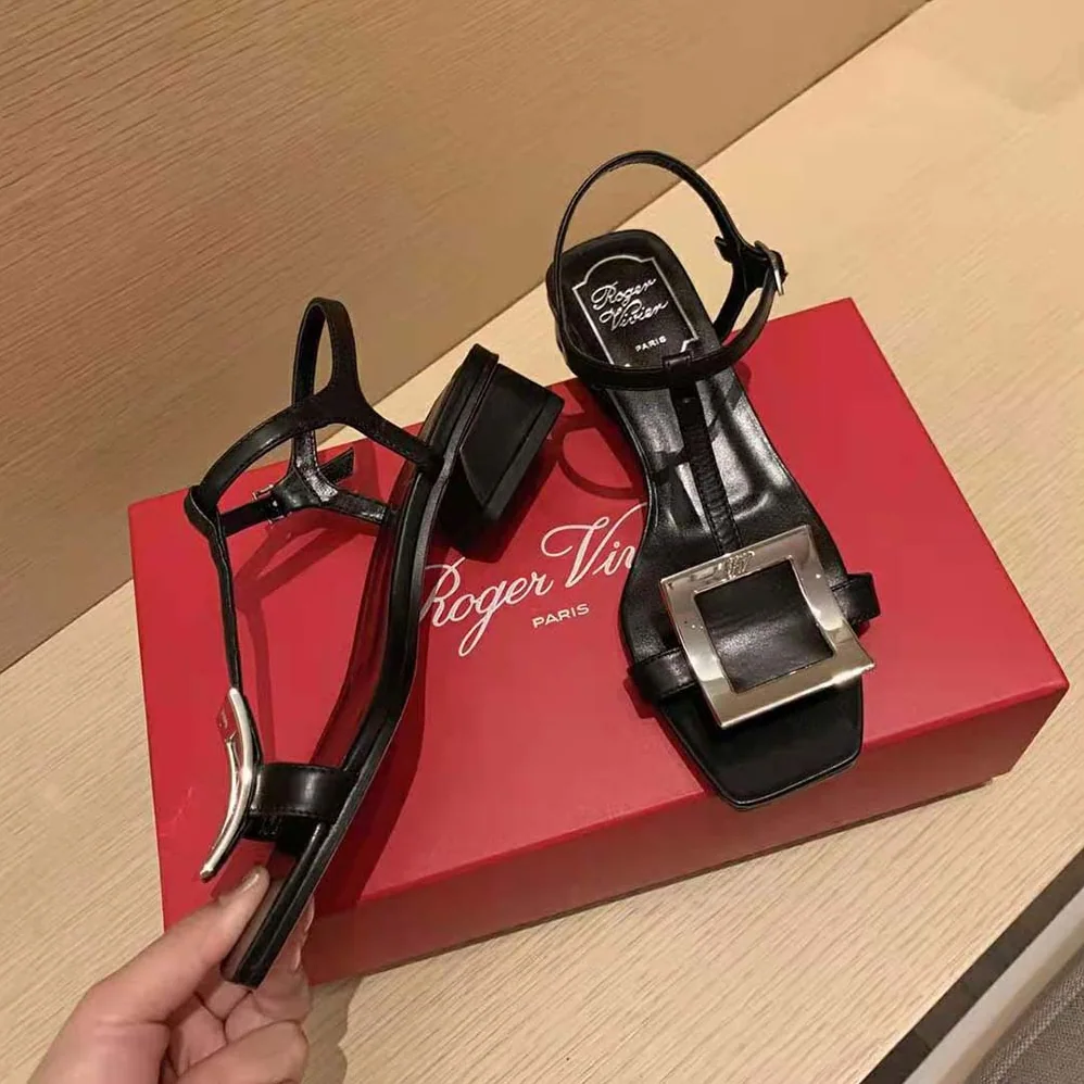 Roger Vivier Bikiviv' Metal Buckle Sandals in Leather for Women in Black Roger Vivier Bikiviv' Metal Buckle Sandals in Leather for Women in Black