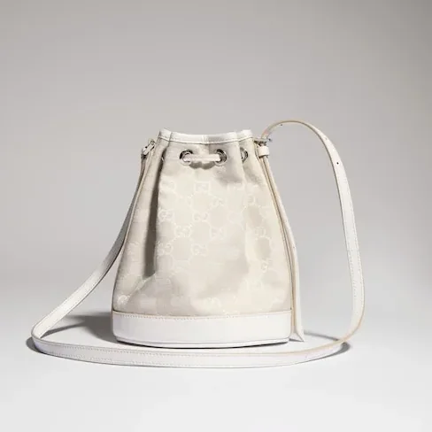 Gucci Bucket With Plaque Mini Shoulder Bag in Ivory Denim Palladium Hardware Gucci Bucket With Plaque Mini Shoulder Bag in Ivory Denim Palladium Hardware