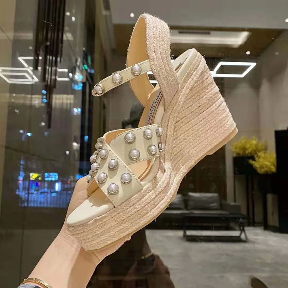 Jimmy Choo Dellena 100 Latte Nappa Wedges with Pearls for Women Jimmy Choo Dellena 100 Latte Nappa Wedges with Pearls for Women