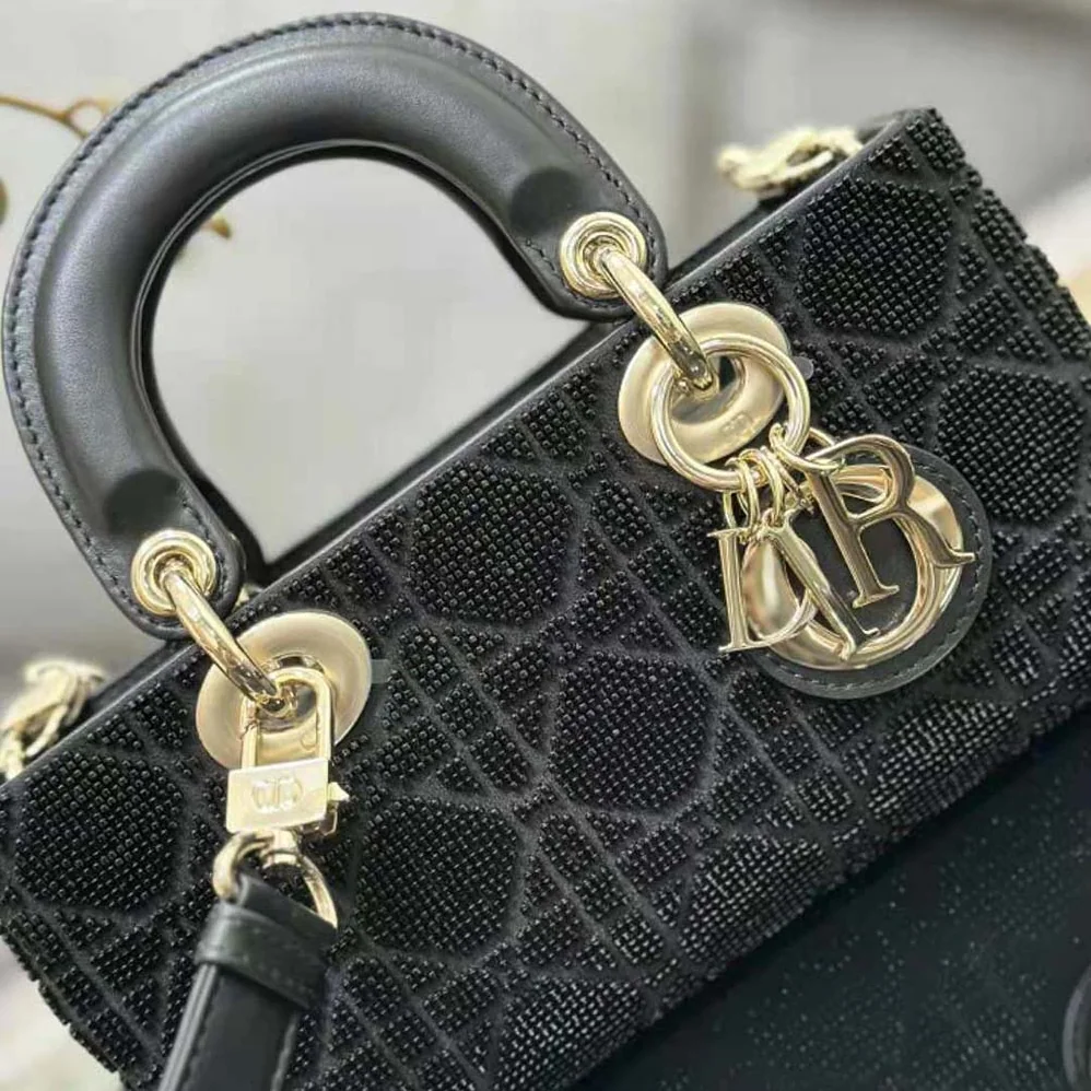 Dior Small Lady D-joy Bag Black Cannage Cotton with Micropearl Embroidery for Women