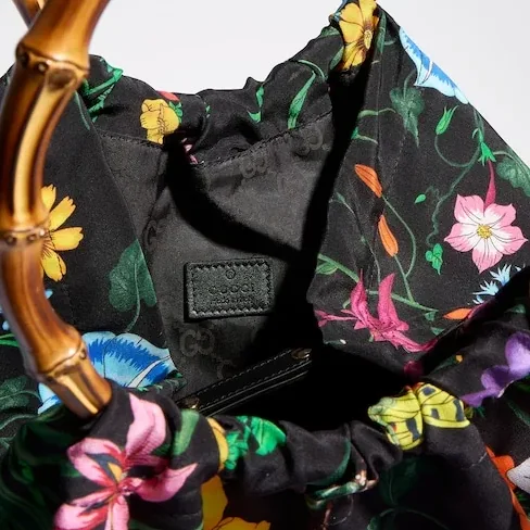 Gucci Silk Maxi With Bamboo Handle Tote Bag in Black/ Multicolor Gold Hardware