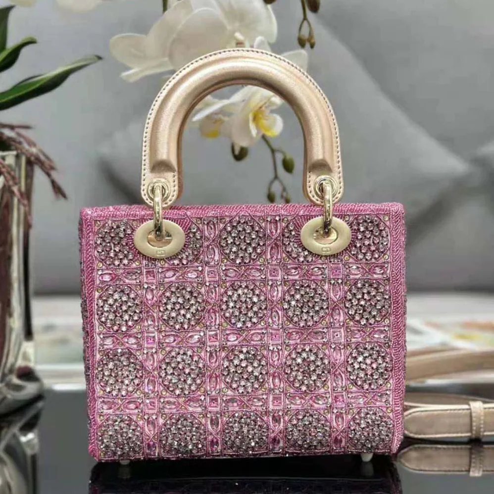 Dior Small Lady Dior Bag Metallic Calfskin and Satin with Rose Des Vents Resin Pearl Embroidery for Women Dior Small Lady Dior Bag Metallic Calfskin and Satin with Rose Des Vents Resin Pearl Embroidery for Women