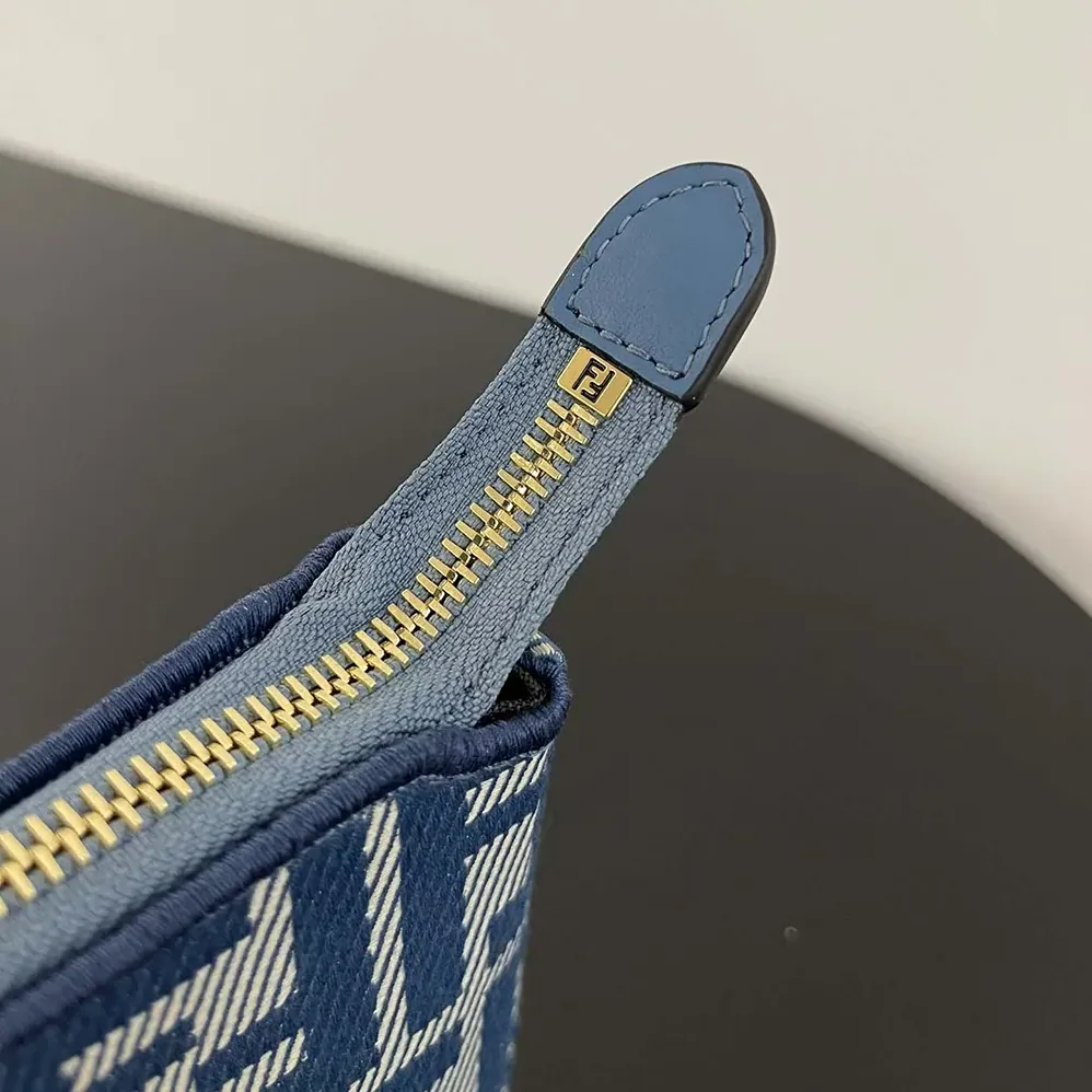 Fendi Baguette Pouch Blue Denim-effect FF Jacquard Charm Pouch with Chain for Women