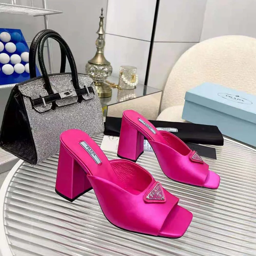 Prada High-Heeled Satin Slides for Women in Rose