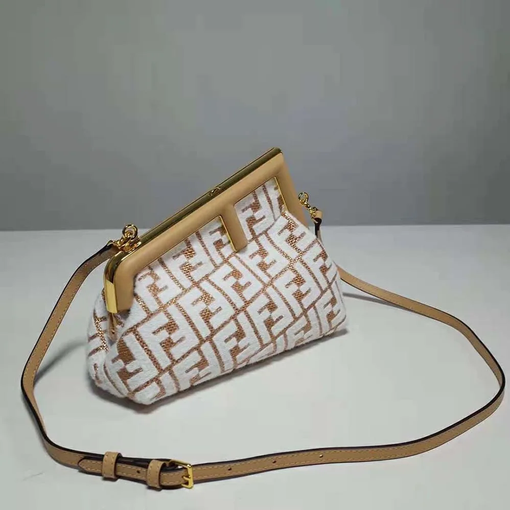 Fendi First Small Raffia Bag with White Tapestry Fabric FF Motif for Women Fendi First Small Raffia Bag with White Tapestry Fabric FF Motif for Women