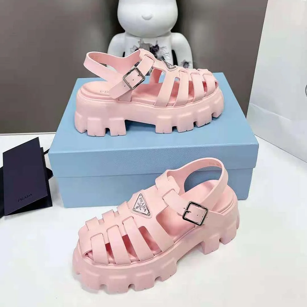 Prada Foam Rubber Sandals with Enameled Metal Triangle Logo for Women in Pink