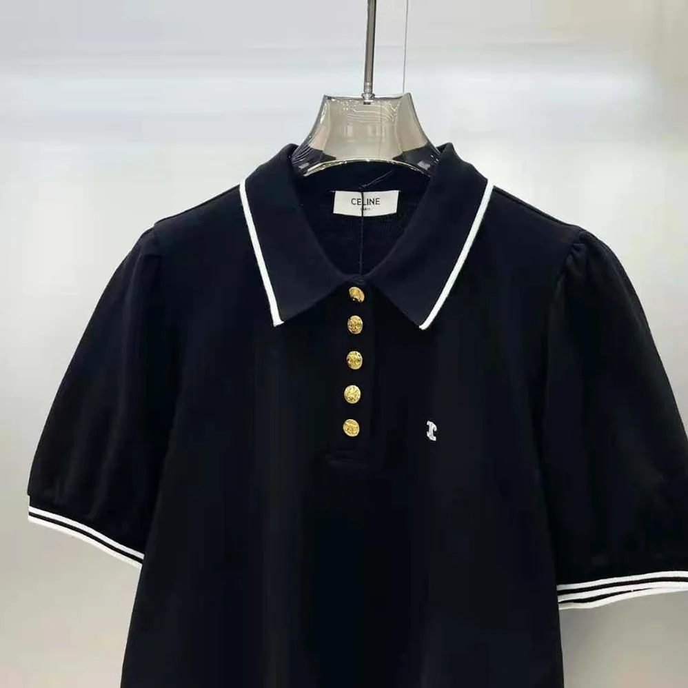 Celine Cropped Triomphe Polo Shirt in Cotton Piqué for Women Celine Cropped Triomphe Polo Shirt in Cotton Piqué for Women